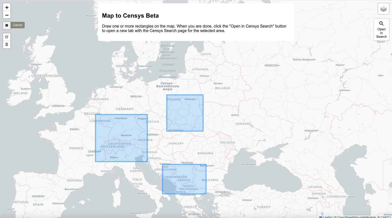Karte zu Censys Beta - Mehrere Regionen